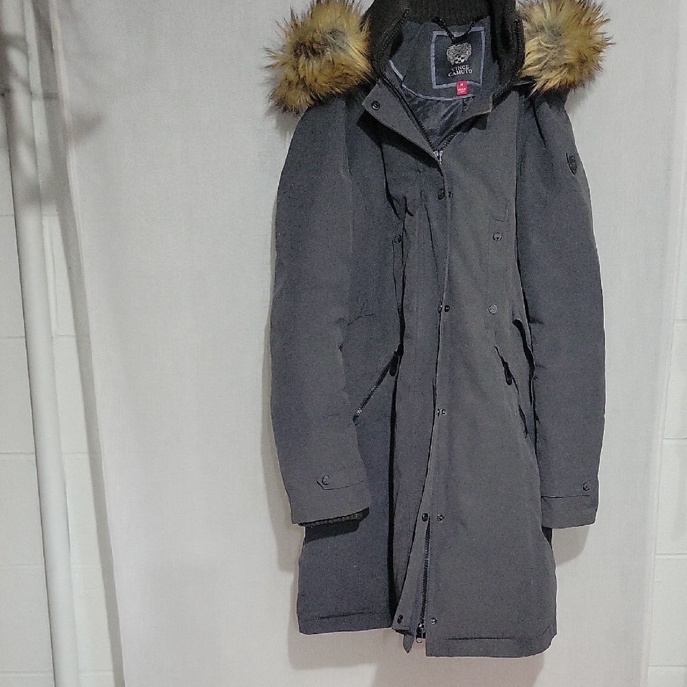 Vince Camuto Womens's Dark Gray Parka with Faux Fur Hood